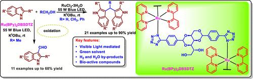 Photochemically Driven Ruthenium-Catalyzed Regioselective C–H Functionalization of Indoles with Alcohols to Access Indole-3-carbaldehyde and Bis(indolyl)methanes