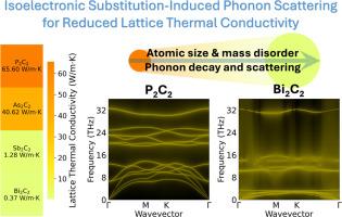Influence of isoelectronic mass modulation on phonon decay and transport in layered pnictogen-carbon systems