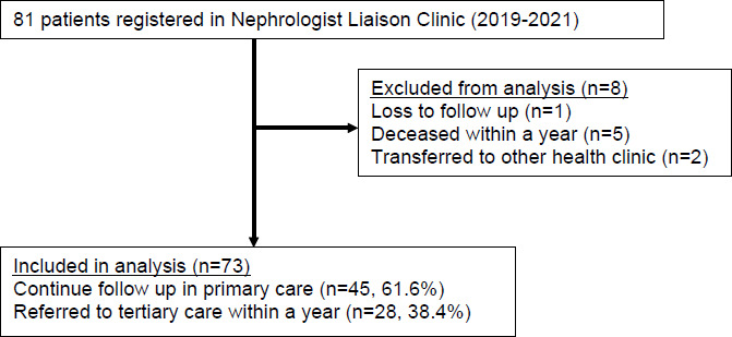 Clinical outcomes of the pilot project Nephrology Liaison Clinic in a primary care clinic: A retrospective observational study.