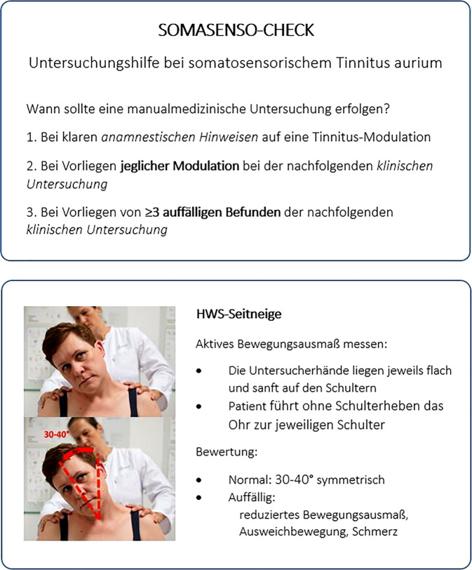 [A clinical screening tool for potential somatosensory tinnitus designed for otorhinolaryngologists : The SOMASENSO check for manual identification of relevant dysfunctions].