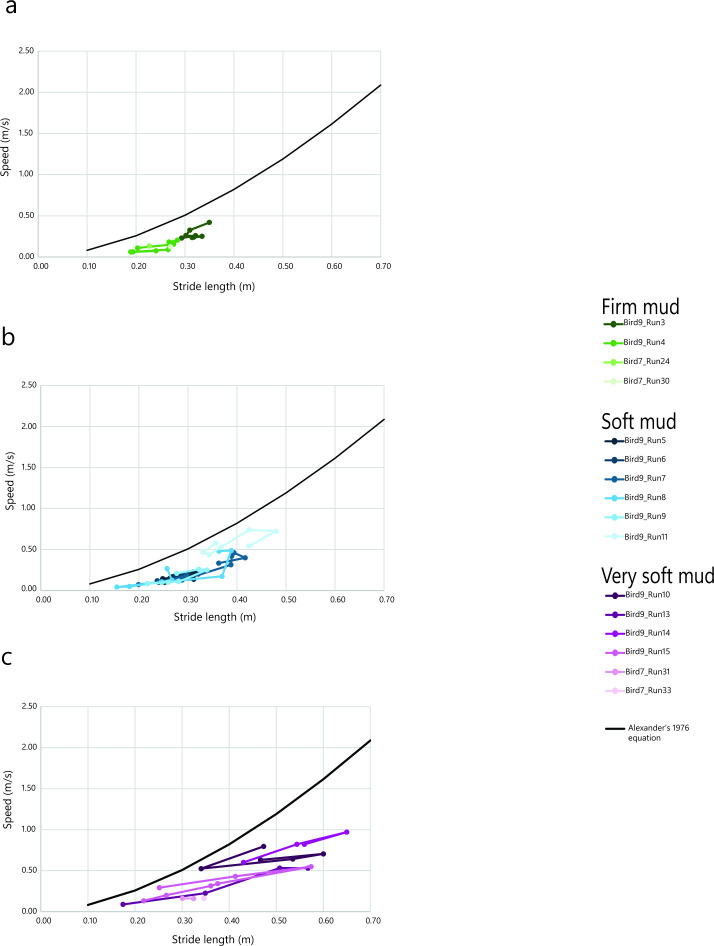 Speed from fossil trackways: calculations not validated by extant birds on compliant substrates.