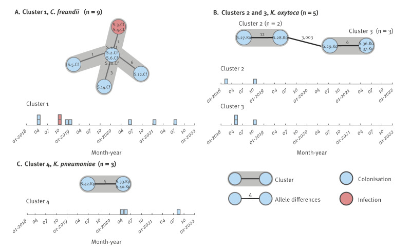 Beyond patient contact: combined short- and long read sequencing reveals continuous occurrence of genomically related carbapenemase-producing Enterobacterales and plasmid mobility in a hospital, Germany, 2018 to 2021.