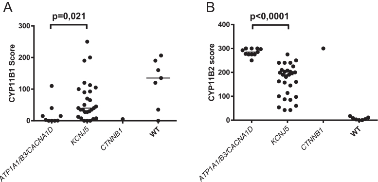 Intratumoural aldosterone and CYP11B2 expression levels among different genotypes of aldosterone producing tumours.