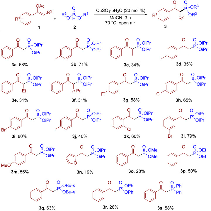Synthesis of β-ketophosphonates through aerobic copper(II)-mediated phosphorylation of enol acetates.