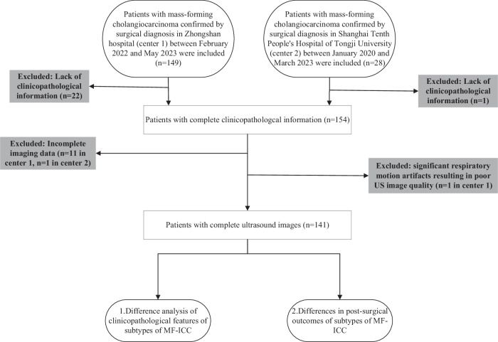 Association between ultrasound-based biliary and parenchymal intrahepatic mass-forming cholangiocarcinoma subtypes and clinicopathological features and survival.