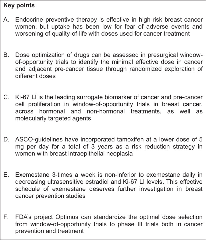 Window-of-opportunity trials to screen effective agents and optimize dose in breast cancer prevention.