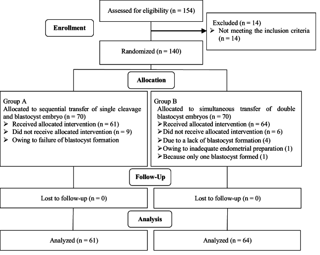Comparison of double blastocyst transfer versus sequential transfer on pregnancy outcomes in individuals with frozen embryo transfer and a history of recurrent implantation failure: An RCT.