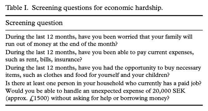 Screening for economic hardship at Child Health Care Centres: A qualitative study of stakeholders' perceptions and experiences of the Healthier Wealthier Families model in Sweden.