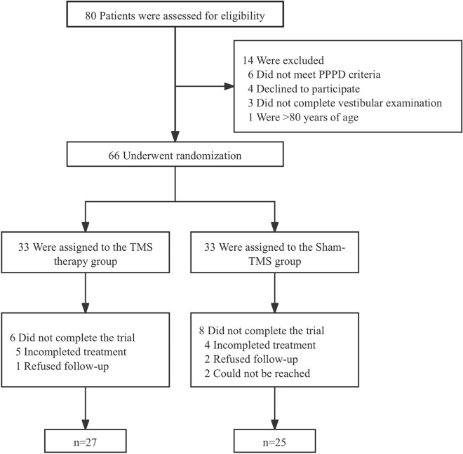 Efficacy and Safety Analysis of Repetitive Transcranial Magnetic Stimulation in Patients with Persistent Postural Perceptual Dizziness: A Single-Center, Single-Blind, Randomized Placebo-Controlled Trial.