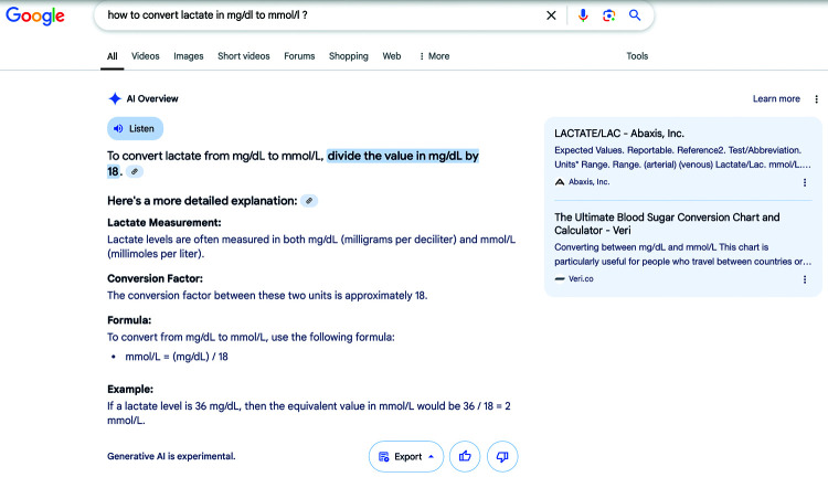 Conversion of Lactate from mg/dL to mmol/L: Beware of the AI-derived Google Search Error!