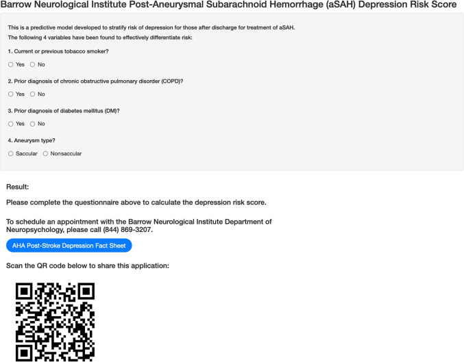 Depression after aneurysmal subarachnoid hemorrhage: development of a screening tool and discharge user interface.