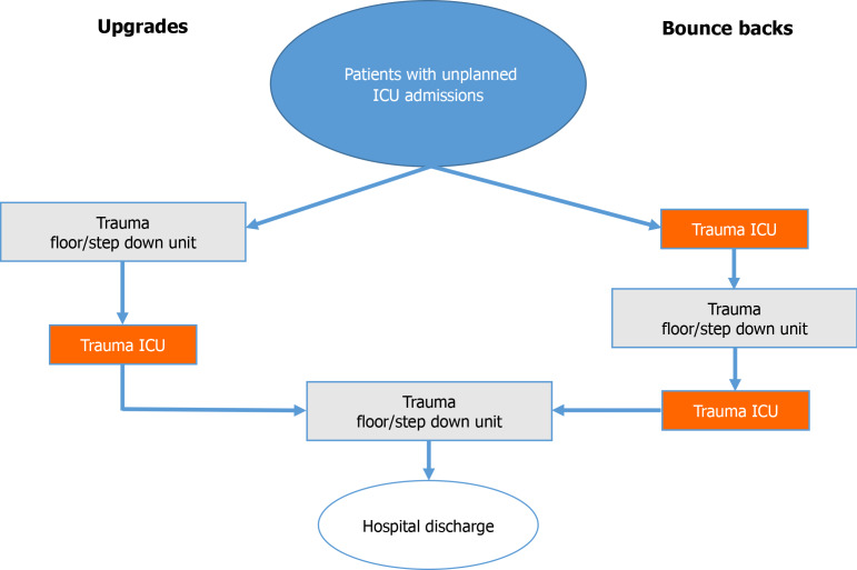 Characteristics and outcomes of trauma patients with unplanned intensive care unit admissions: Bounce backs and upgrades comparison.