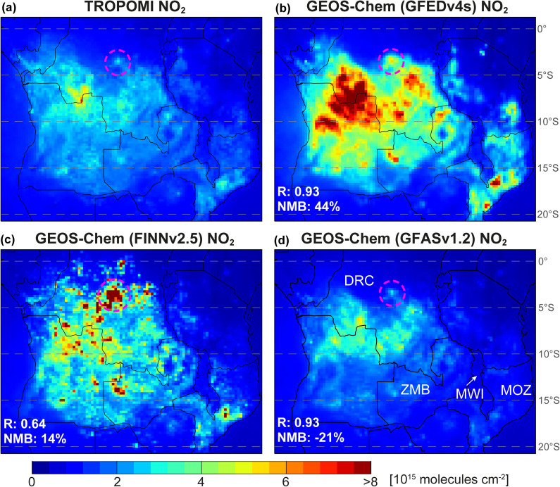 Subtropical southern Africa fire emissions of nitrogen oxides and ammonia obtained with satellite observations and GEOS-Chem.