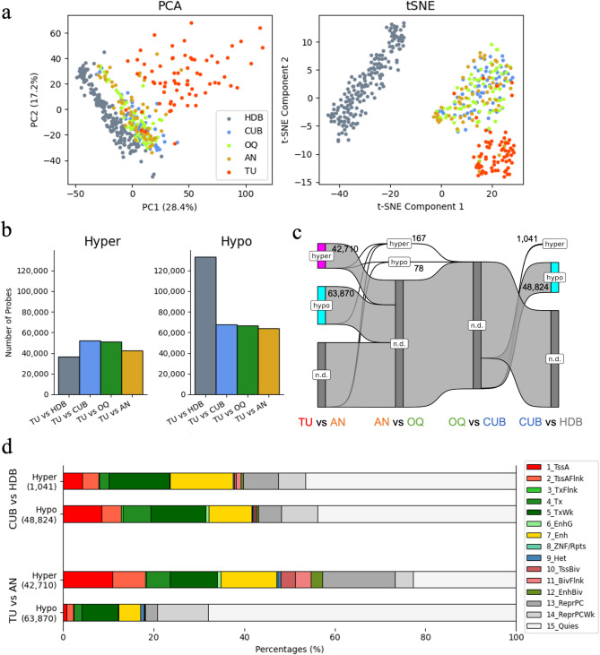 DNA methylation patterns in breast cancer, paired benign tissue from ipsilateral and contralateral breast, and healthy controls.