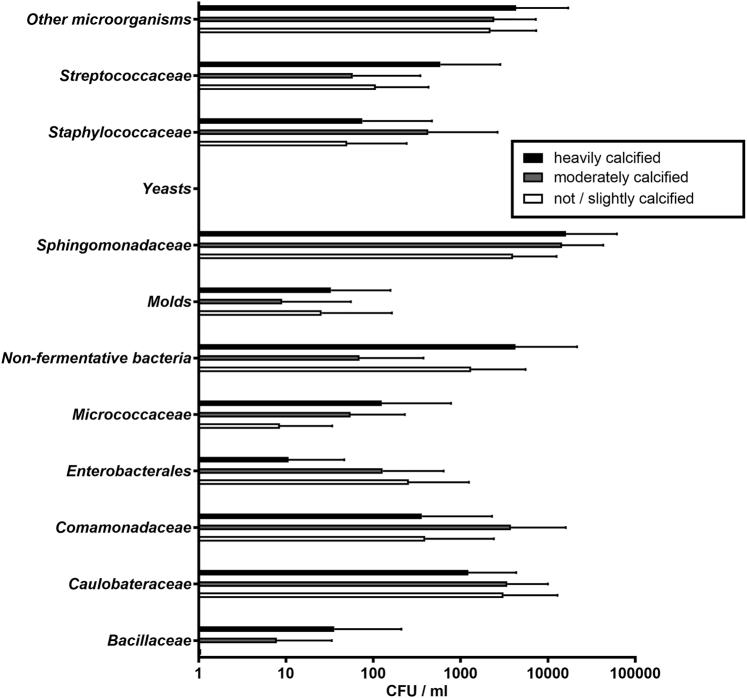 Negligible influence of limescale deposits on faucet aerators on measured microorganism loads.