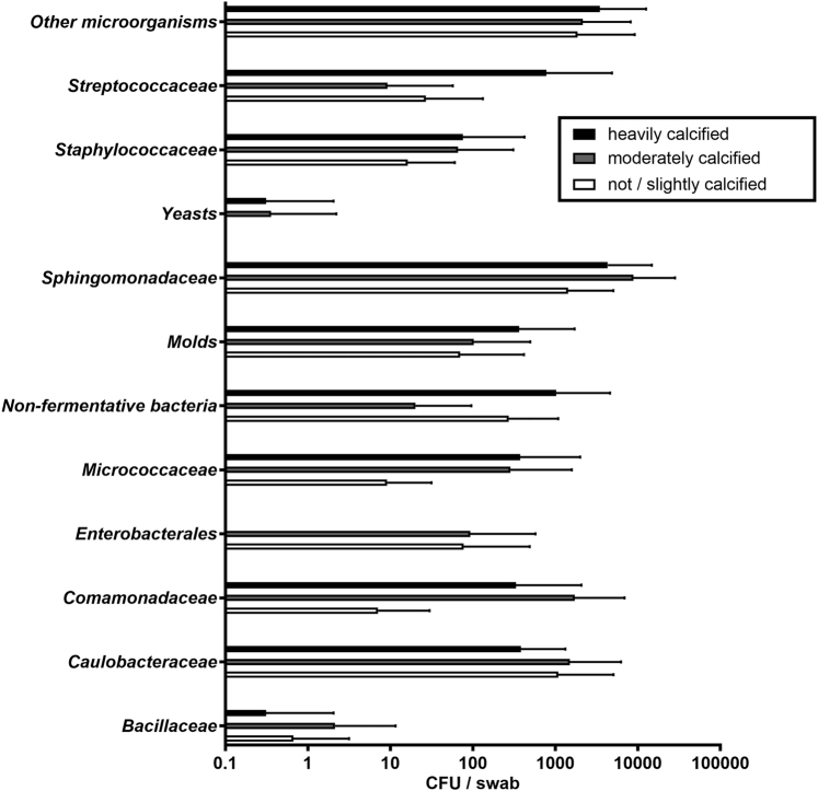 Negligible influence of limescale deposits on faucet aerators on measured microorganism loads.
