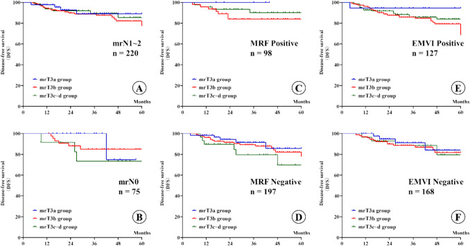 Clinical characteristics and survival outcomes of rectal cancer patients across different mrT3 substages determined by rectal MRI.
