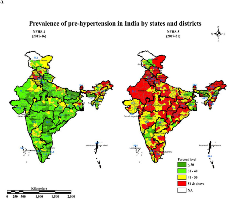 Prevalence and determinants of prehypertension (elevated blood pressure or high normal BP) according to different classifications in India during 2015-2021: Evidence from the large national surveys.
