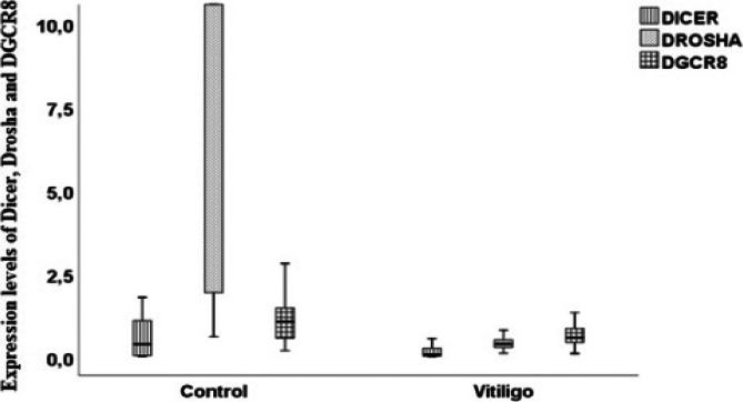 Expression levels and polymorphisms of the microRNA maturing components; diagnostic values of Drosha, DGCR8 and Dicer in patients with vitiligo.