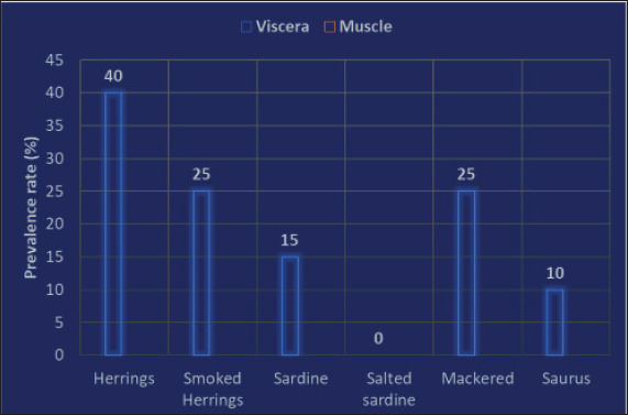 Occurrence of <i>Anisakis</i> spp. in fish and fish products in Egyptian markets.