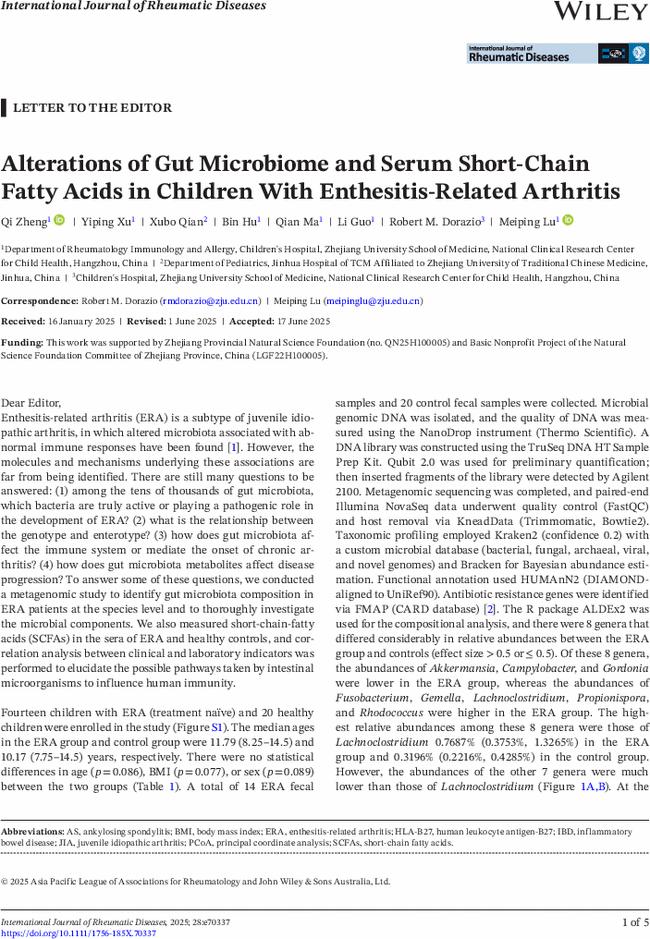 Alterations of Gut Microbiome and Serum Short-Chain Fatty Acids in Children With Enthesitis-Related Arthritis