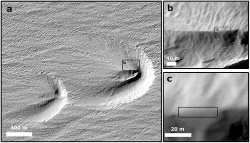 Scour Pits in the Medusae Fossae Formation and Olympus Mons Region on Mars