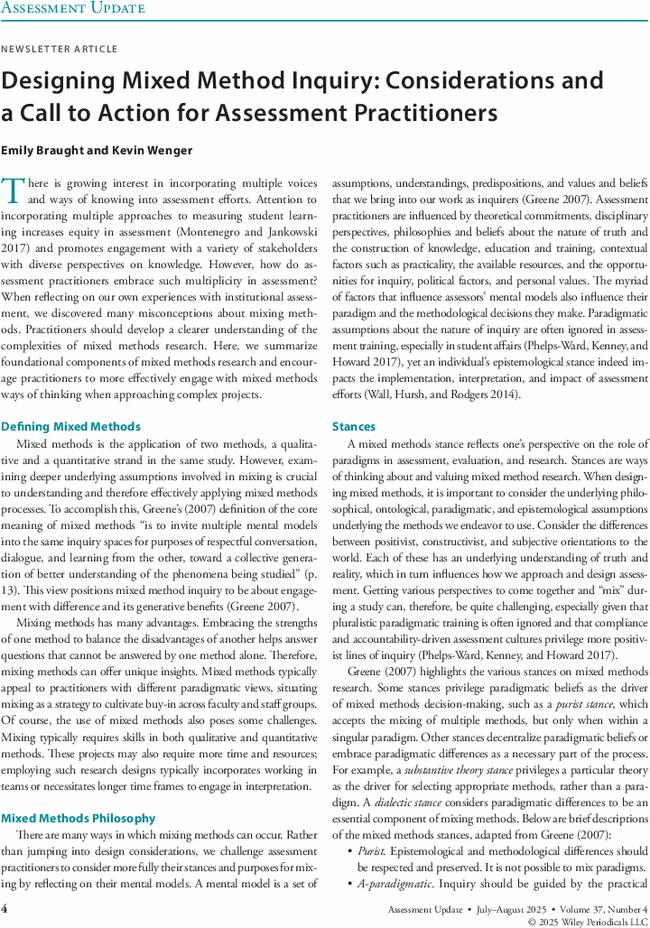 Designing Mixed Method Inquiry: Considerations and a Call to Action for Assessment Practitioners