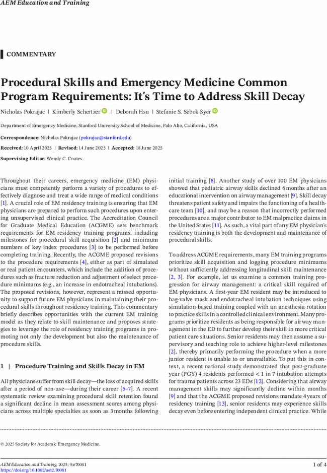 Procedural Skills and Emergency Medicine Common Program Requirements: It's Time to Address Skill Decay