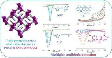 Triple-synergistic Mn-MOF electrochemical sensor for multiplex antibiotic detection: A robust and stable platform for food safety monitoring