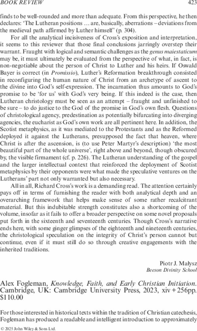 Alex Fogleman,  Knowledge, Faith, and Early Christian Initiation. Cambridge, UK: Cambridge University Press,  2023,  xiv + 256pp. $110.00