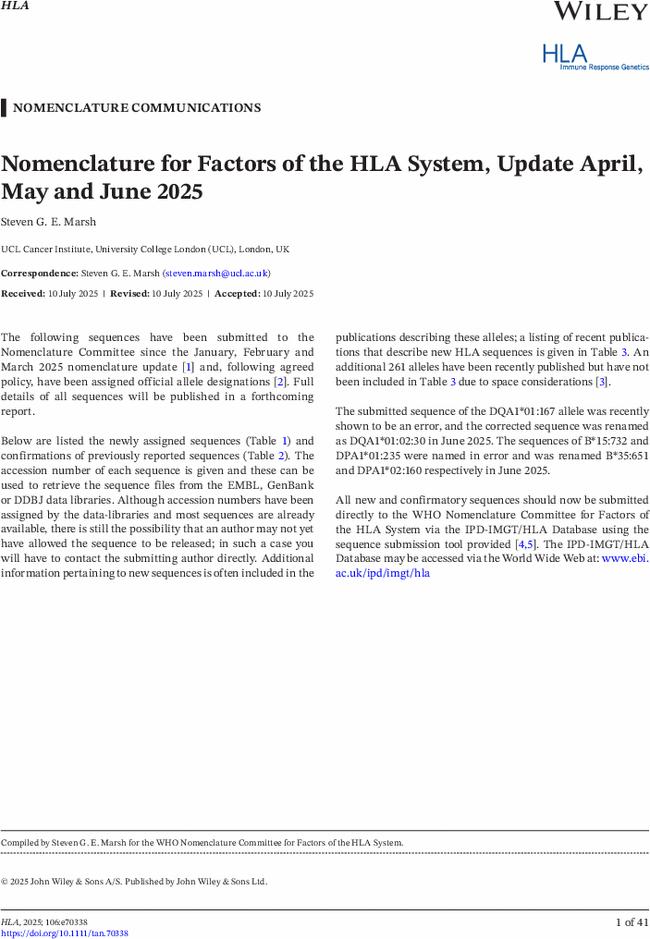 Nomenclature for Factors of the HLA System, Update April, May and June 2025