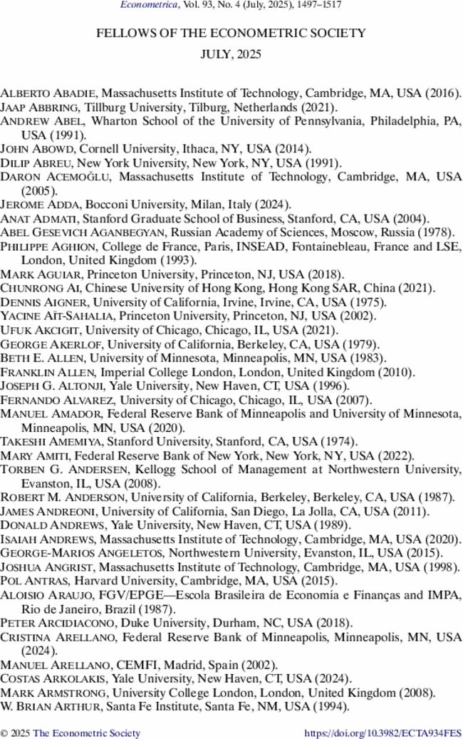 Fellows of the Econometric Society July, 2025