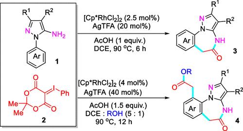 Synthesis of Functionalized Benzo[f]pyrazolo[1,5-a][1,3]diazepines via Rh(III)-Catalyzed Cascade Annulation of 5-Amino-1-aryl-pyrazoles with Iodonium Ylides