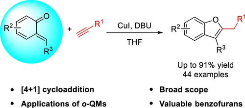 Cu(I)-Catalyzed [4 + 1] Cycloaddition of o-Quinone Methides with Terminal Alkynes: A Rapid Synthesis of 2,3-Disubstituted Benzofurans