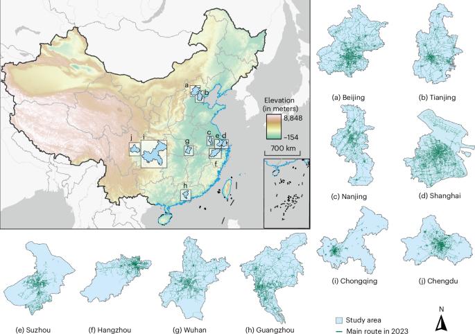 Public transport accessibility in villages in and around major Chinese cities