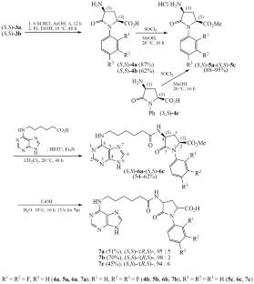 Synthesis of Conjugates of N-(Purin-6-yl)-6-aminohexanoic Acid with 4-Amino-1-aryl-5-oxoprolines