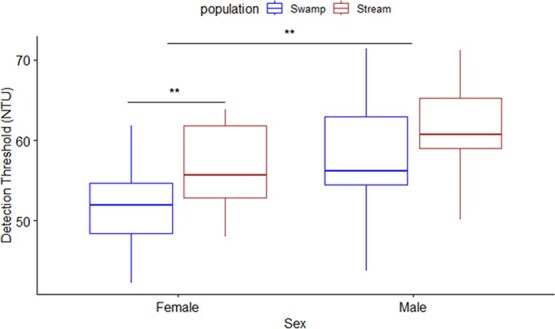 Sex-dependent shifts in visual detection thresholds under turbid conditions in an African cichlid.