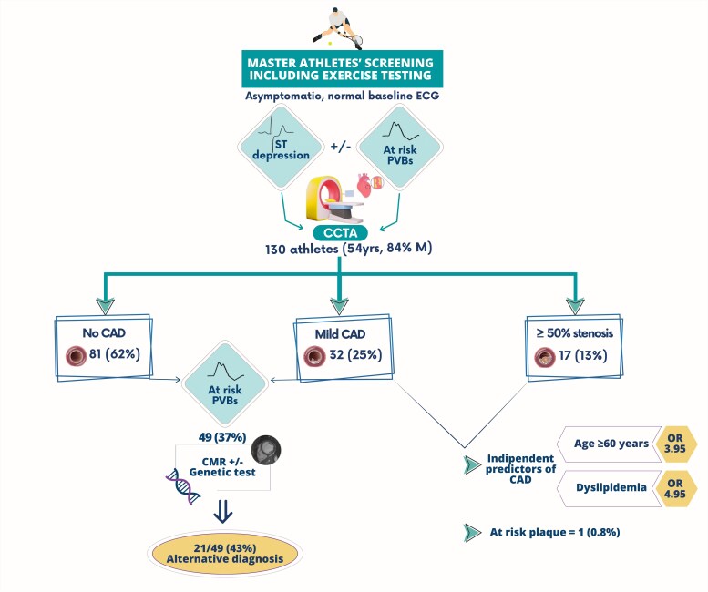 Prevalence and characteristics of coronary artery disease in master athletes with ST-segment depression or high-risk premature ventricular beats at pre-participation exercise testing.