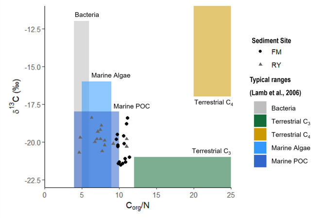 Mixed provenance of organic carbon in Northeast Atlantic temperate intertidal seagrass sediments.