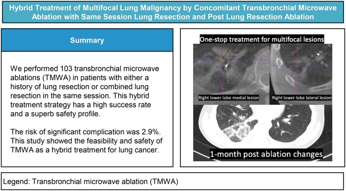 Hybrid treatment of multifocal lung malignancy by concomitant transbronchial microwave ablation with same-session lung resection and post-lung resection ablation.