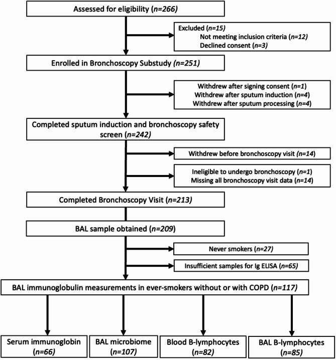 Associations of serum and bronchoalveolar immunoglobulins with lung microbiota diversity, B-cell memory phenotypes, and COPD morbidity and exacerbations.
