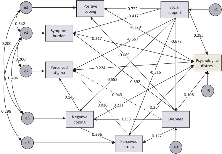 Relationship Between Social Support, Symptom Burden, Dyspnea, Perceived Stress, Perceived Stigma, Coping Styles, and Psychological Distress in Patients with Stable COPD: A Structural Equation Model.