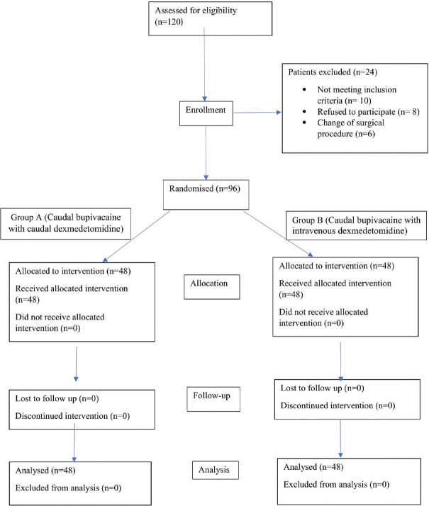 Comparison of caudal bupivacaine and dexmedetomidine with caudal bupivacaine and intravenous dexmedetomidine for postoperative analgesia in children: A randomized controlled trial.