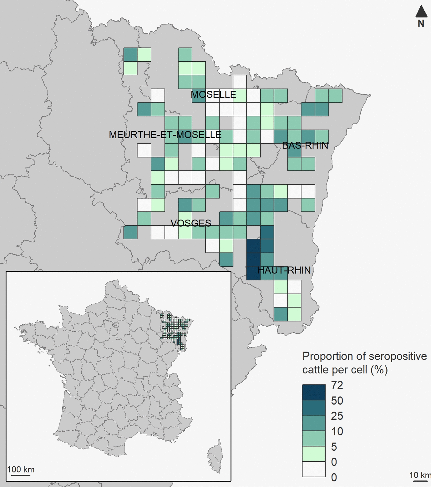 Meteorological and environmental factors associated with the exposure to tick-borne encephalitis virus (TBEV) in cattle, north-eastern France, 2018-2019.