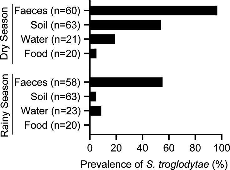 Distribution and prevalence of <i>Sarcina troglodytae</i> in chimpanzees and the environment throughout Africa.