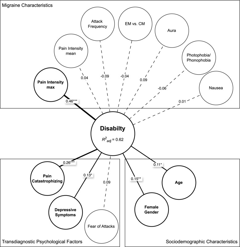 Psychological transdiagnostic factors and migraine characteristics as predictors of migraine-related disability.