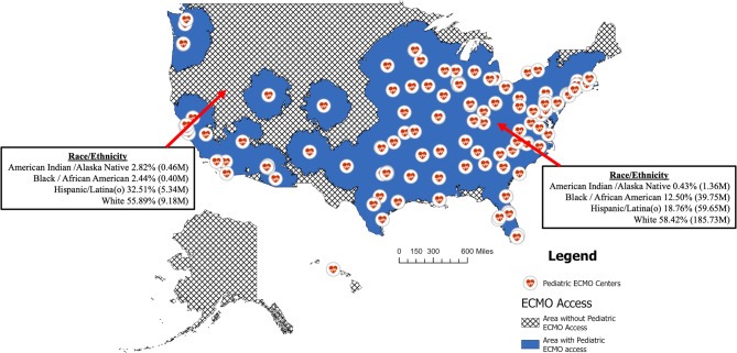 Access to pediatric extracorporeal membrane oxygenation: a geospatial analysis of the racial/ethnic composition of areas with and without access.