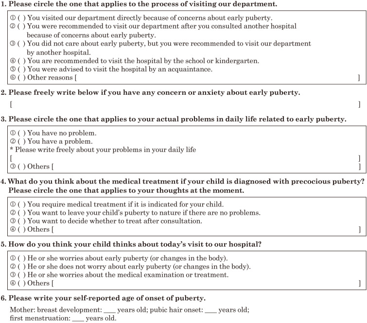 Attitude survey on Japanese parents of children visiting the hospital for consultation on early puberty.