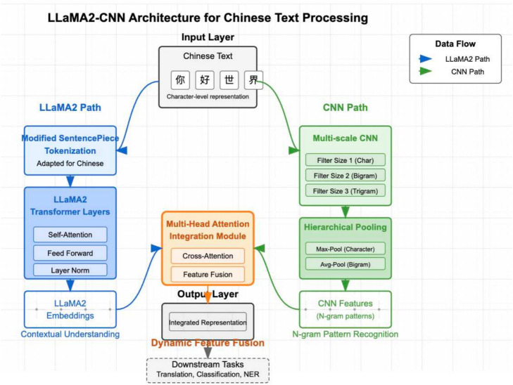 A hybrid architecture for enhancing Chinese text processing using CNN and LLaMA2.