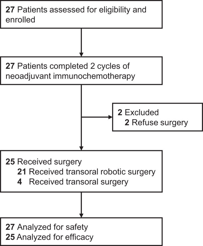 Neoadjuvant sintilimab and chemotherapy followed by transoral surgery for HPV-positive resectable oropharyngeal cancer: a single-arm, two-centre, phase 2 trial.